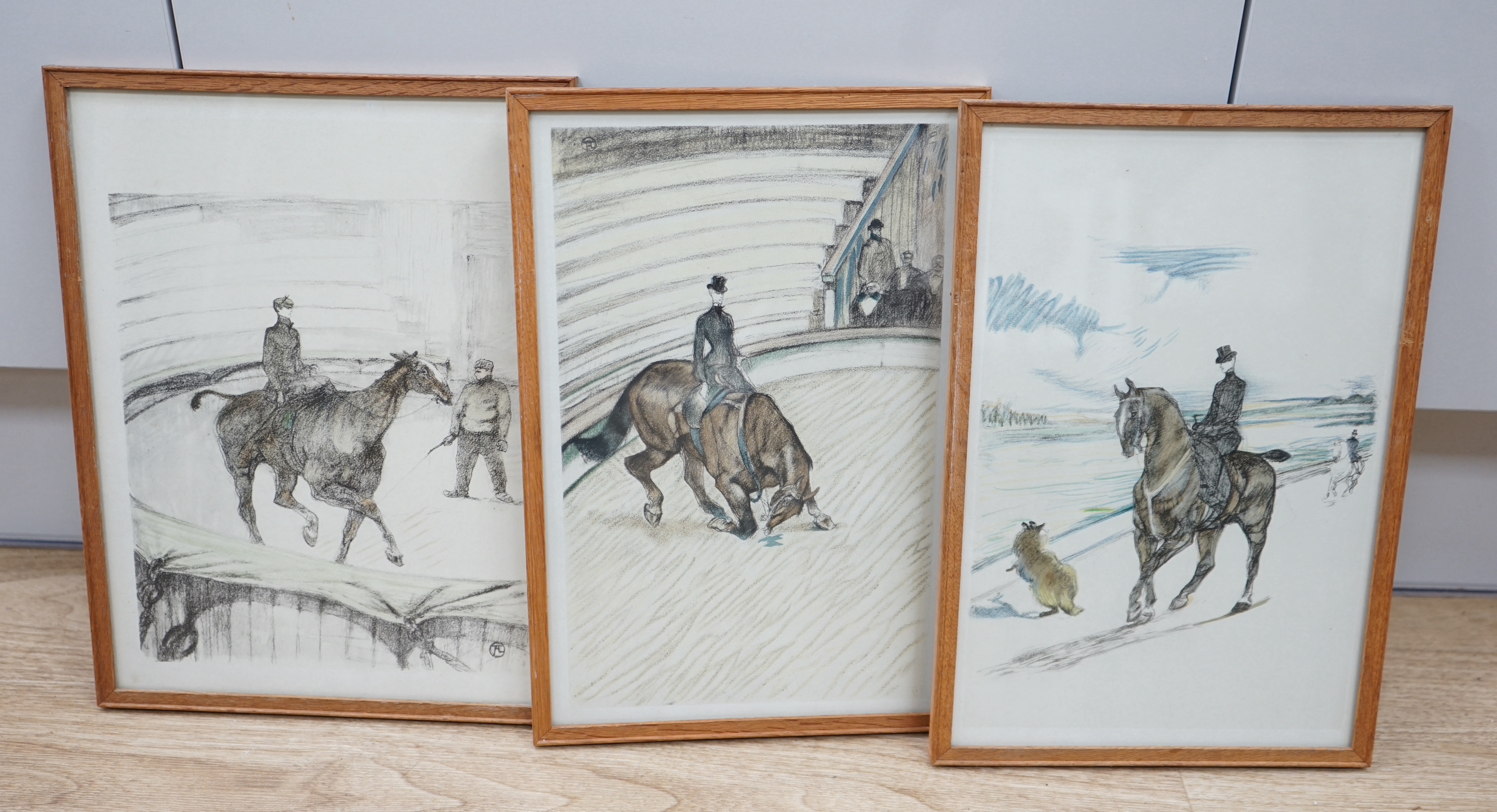 After Henri de Toulouse-Lautrec (French, 1864-1901), set of three colour lithographs, Spanish riding school and dressage scenes, unsigned, each 31 x 23cm